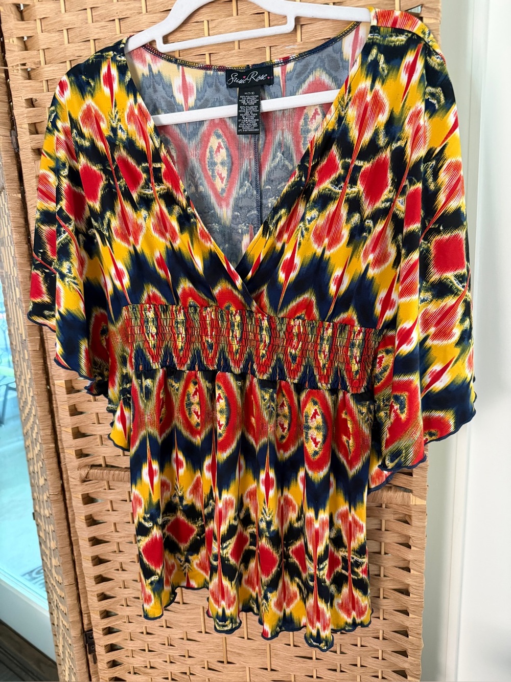 Studio Rose  Vibrant Ikat Print V-Neck Blouse - Red, Yellow, Navy Medium